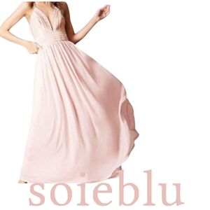 Soieblu Blush/Gold Metallic Bodice Chiffon Maxi Skirt Formal Cross Back Strap LG